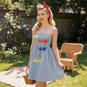 Anthropologie Green and White Airplane Dress Embroidered Seersucker Strapless 4